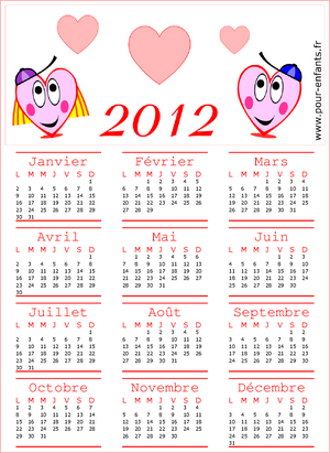 calendrier annuel 2012 pdf gratuit à imprimer avec les 12 mois de l'année 2012 de janvier à décembre (an 2012)